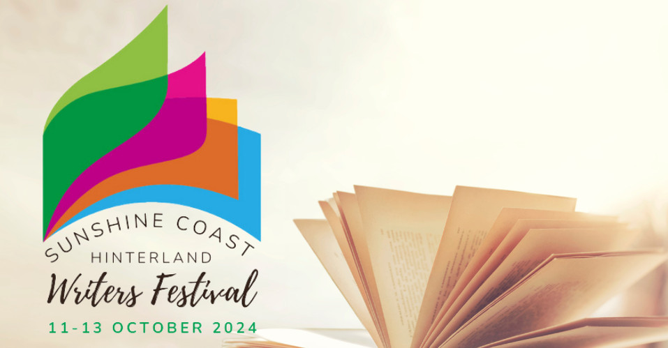 Sunshine Coast Hinterland Writers Festival 2024 logo with book in background